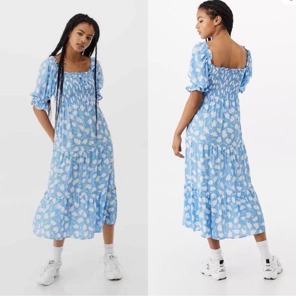 Faithfull Olinda Midi Dress Blue Floral Puff Sleeve Anthropologie Nwt. M